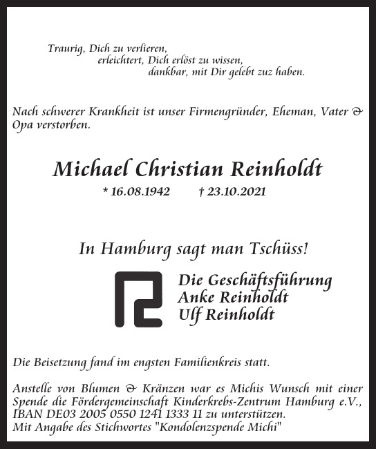 Traueranzeige von Michael Christian Reinholdt von Hamburger Tageszeitungen und Anzeigenblättern der FUNKE Mediengruppe