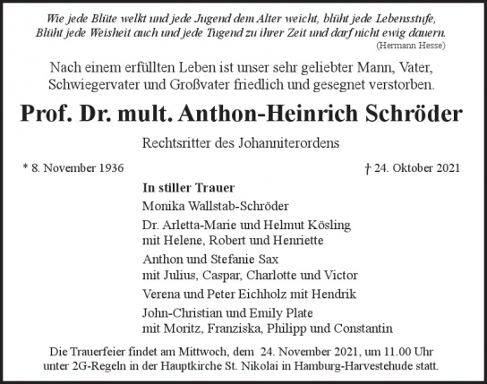 Traueranzeige von Anthon-Heinrich Schröder  von Hamburger Tageszeitungen und Anzeigenblättern der FUNKE Mediengruppe