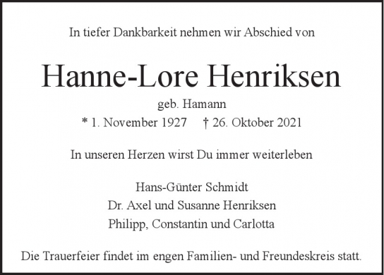 Traueranzeige von Hanne-Lore Henriksen  von Hamburger Tageszeitungen und Anzeigenblättern der FUNKE Mediengruppe