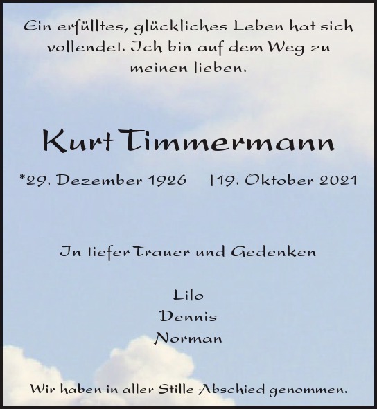 Traueranzeige von Kurt Timmermann von Hamburger Tageszeitungen und Anzeigenblättern der FUNKE Mediengruppe