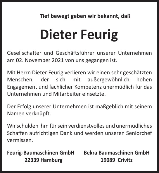 Traueranzeige von Dieter Feurig von Hamburger Tageszeitungen und Anzeigenblättern der FUNKE Mediengruppe