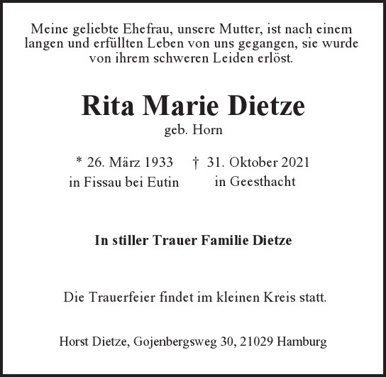 Traueranzeige von Rita Marie Dietze von Hamburger Tageszeitungen und Anzeigenblättern der FUNKE Mediengruppe
