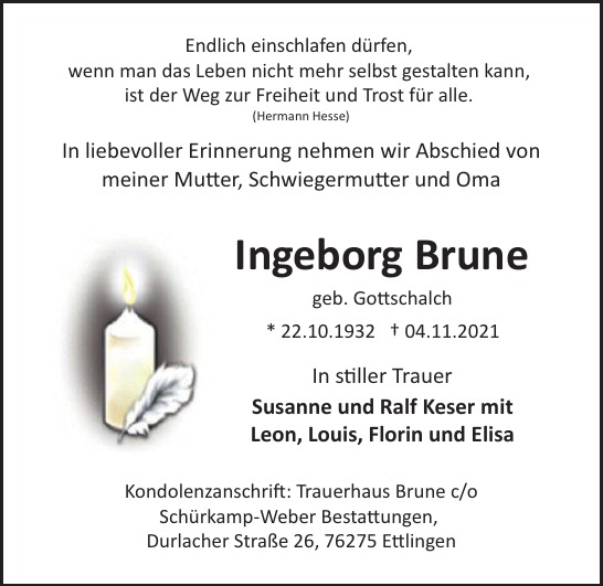 Traueranzeige von Ingeborg Brune von Hamburger Tageszeitungen und Anzeigenblättern der FUNKE Mediengruppe