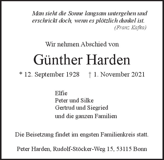 Traueranzeige von Günther Harden von Hamburger Tageszeitungen und Anzeigenblättern der FUNKE Mediengruppe