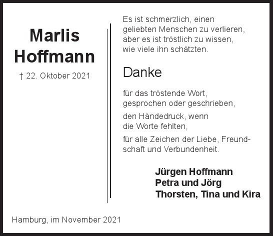 Traueranzeige von Marlis Hoffmann von Hamburger Tageszeitungen und Anzeigenblättern der FUNKE Mediengruppe
