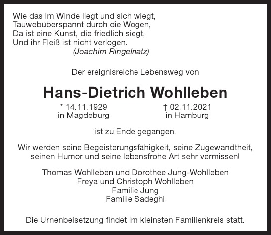 Traueranzeige von Hans-Dietrich Wohlleben von Hamburger Tageszeitungen und Anzeigenblättern der FUNKE Mediengruppe