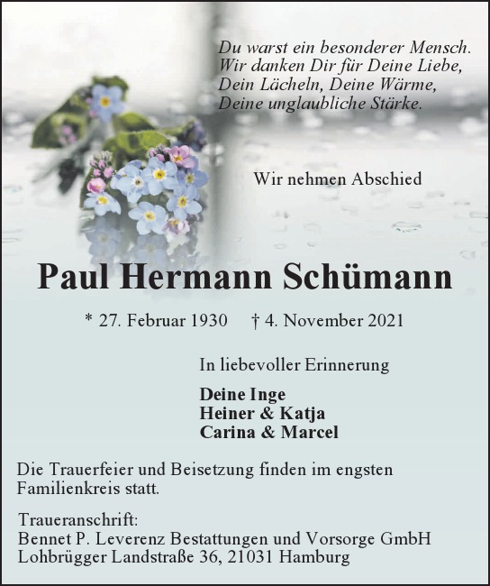 Traueranzeige von Paul Hermann Schümann von Hamburger Tageszeitungen und Anzeigenblättern der FUNKE Mediengruppe