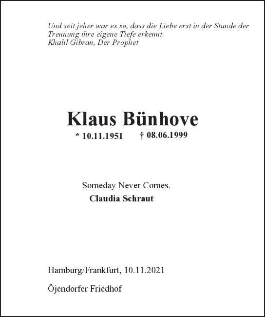 Traueranzeige von Klaus Bünhove von Hamburger Tageszeitungen und Anzeigenblättern der FUNKE Mediengruppe
