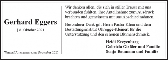 Traueranzeige von Gerhard Eggers von Hamburger Tageszeitungen und Anzeigenblättern der FUNKE Mediengruppe
