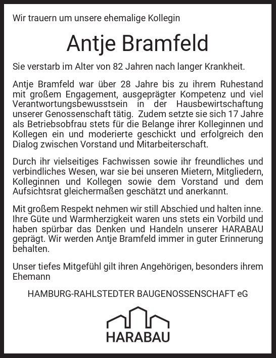 Traueranzeige von Antje Bramfeld von Hamburger Tageszeitungen und Anzeigenblättern der FUNKE Mediengruppe