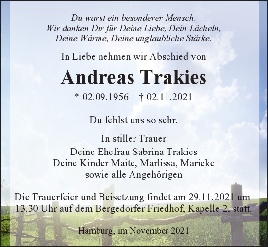 Traueranzeige von Andreas Trakies von Hamburger Tageszeitungen und Anzeigenblättern der FUNKE Mediengruppe