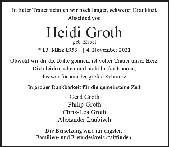 Traueranzeige von Heidi Groth von Hamburger Tageszeitungen und Anzeigenblättern der FUNKE Mediengruppe