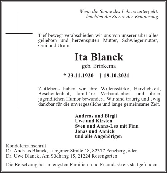 Traueranzeige von Ita Blanck von Hamburger Tageszeitungen und Anzeigenblättern der FUNKE Mediengruppe