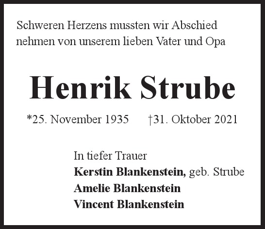 Traueranzeige von Henrik Strube von Hamburger Tageszeitungen und Anzeigenblättern der FUNKE Mediengruppe