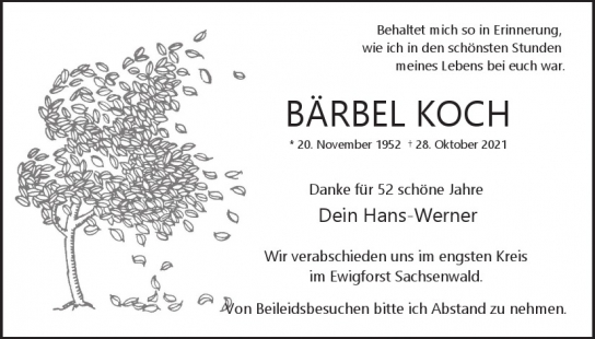 Traueranzeige von Bärbel Koch von Hamburger Tageszeitungen und Anzeigenblättern der FUNKE Mediengruppe