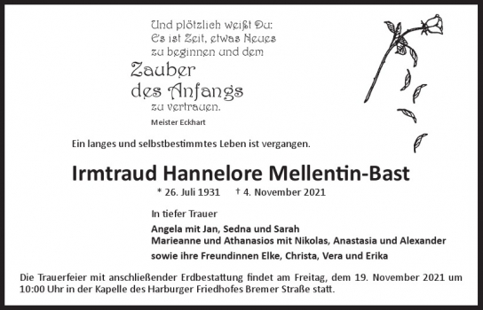 Traueranzeige von Irmtraud Hannelore Mellentin-Bast von Hamburger Tageszeitungen und Anzeigenblättern der FUNKE Mediengruppe
