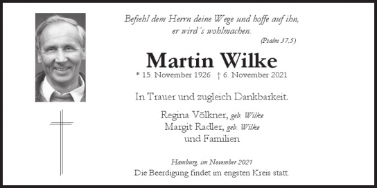 Traueranzeige von Martin Wilke von Hamburger Tageszeitungen und Anzeigenblättern der FUNKE Mediengruppe