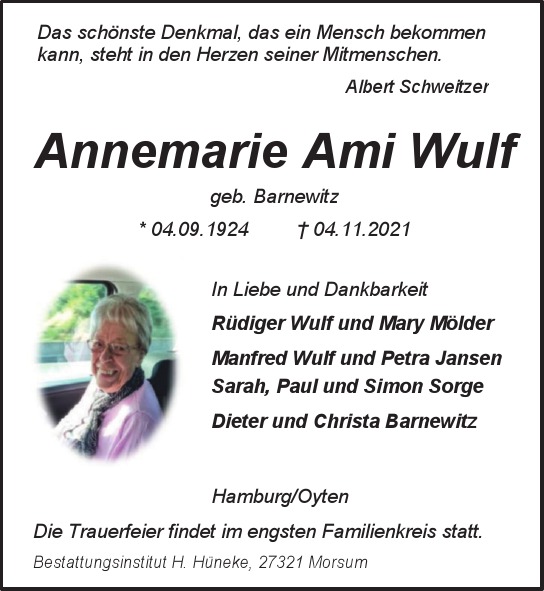 Traueranzeige von Annemarie Ami Wulf von Hamburger Tageszeitungen und Anzeigenblättern der FUNKE Mediengruppe