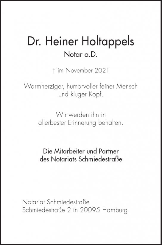 Traueranzeige von Heiner Holtappels von Hamburger Tageszeitungen und Anzeigenblättern der FUNKE Mediengruppe