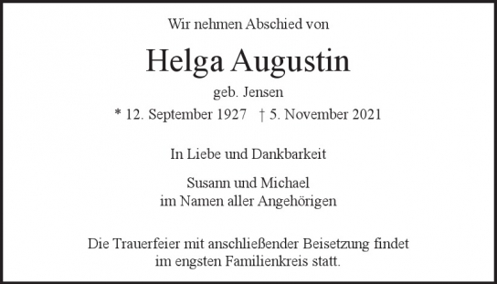Traueranzeige von Helga Augustin von Hamburger Tageszeitungen und Anzeigenblättern der FUNKE Mediengruppe