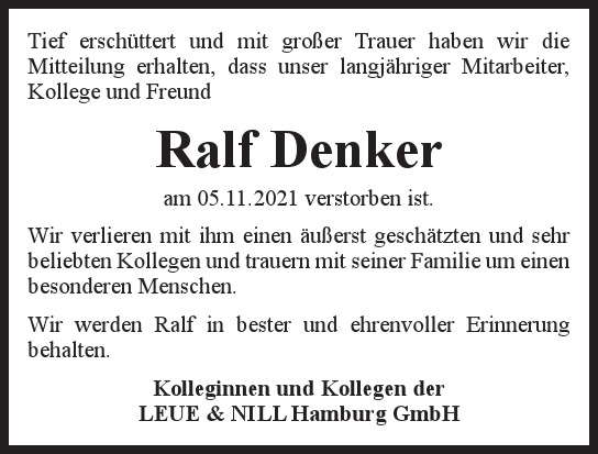 Traueranzeige von Ralf Denker von Hamburger Tageszeitungen und Anzeigenblättern der FUNKE Mediengruppe