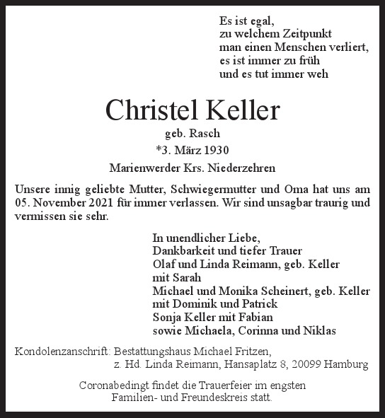 Traueranzeige von Christel Keller von Hamburger Tageszeitungen und Anzeigenblättern der FUNKE Mediengruppe