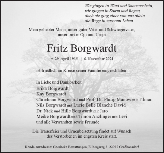 Traueranzeige von Fritz Borgwardt von Hamburger Tageszeitungen und Anzeigenblättern der FUNKE Mediengruppe