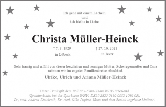 Traueranzeige von Christa Müller-Heinck von Hamburger Tageszeitungen und Anzeigenblättern der FUNKE Mediengruppe