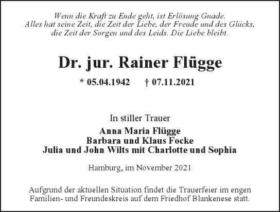 Traueranzeige von Rainer Flügge von Hamburger Tageszeitungen und Anzeigenblättern der FUNKE Mediengruppe