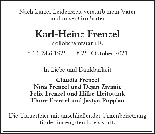 Traueranzeige von Karl-Heinz Frenzel von Hamburger Tageszeitungen und Anzeigenblättern der FUNKE Mediengruppe