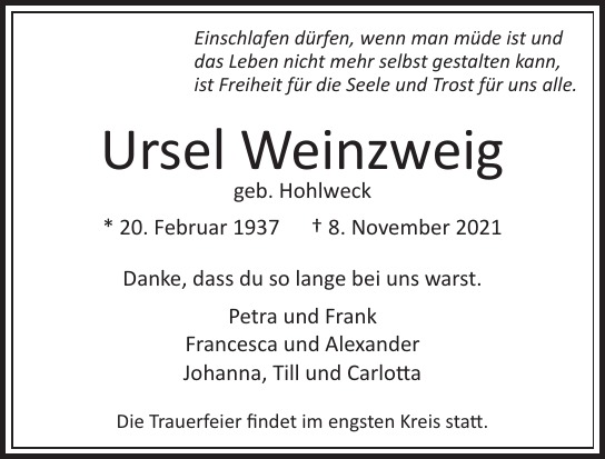 Traueranzeige von Ursel Weinzweig von Hamburger Tageszeitungen und Anzeigenblättern der FUNKE Mediengruppe