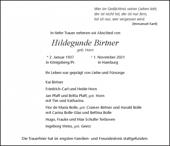 Traueranzeige von Hildegard Birtner von Hamburger Tageszeitungen und Anzeigenblättern der FUNKE Mediengruppe