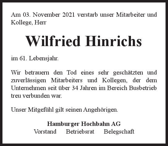 Traueranzeige von Wilfried Hinrichs von Hamburger Tageszeitungen und Anzeigenblättern der FUNKE Mediengruppe