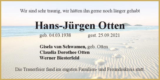 Traueranzeige von Hans-Jürgen Otten von Hamburger Tageszeitungen und Anzeigenblättern der FUNKE Mediengruppe