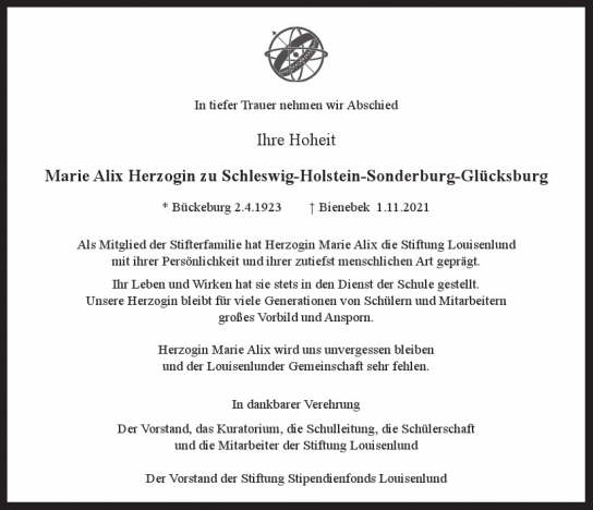 Traueranzeige von Marie Alix zu Schleswig-Holstein-Sonderburg-Glücksburg von Hamburger Tageszeitungen und Anzeigenblättern der FUNKE Mediengruppe