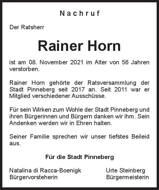 Traueranzeige von Rainer Horn von Hamburger Tageszeitungen und Anzeigenblättern der FUNKE Mediengruppe