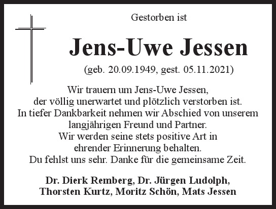 Traueranzeige von Jens-Uwe Jessen von Hamburger Tageszeitungen und Anzeigenblättern der FUNKE Mediengruppe