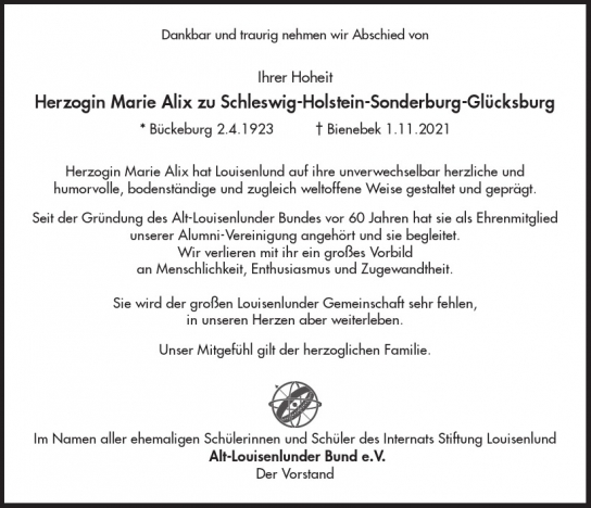 Traueranzeige von Marie Alix zu Schleswig-Holstein-Sonderburg-Glücksburg von Hamburger Tageszeitungen und Anzeigenblättern der FUNKE Mediengruppe