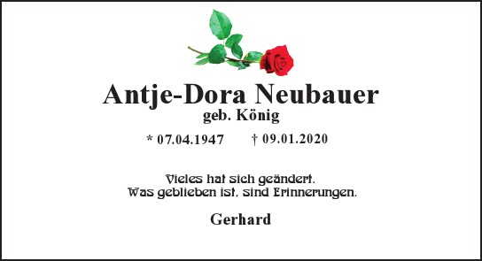 Traueranzeige von Antje-Dora Neubauer  von Hamburger Tageszeitungen und Anzeigenblättern der FUNKE Mediengruppe