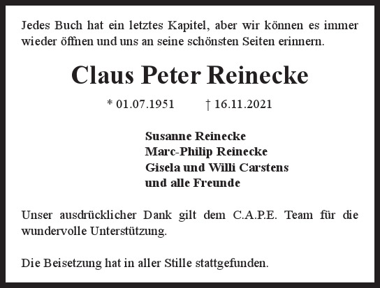 Traueranzeige von Claus Peter Reinecke  von Hamburger Tageszeitungen und Anzeigenblättern der FUNKE Mediengruppe