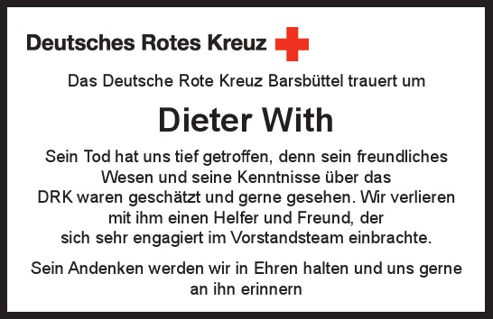 Traueranzeige von Dieter  With  von Hamburger Tageszeitungen und Anzeigenblättern der FUNKE Mediengruppe