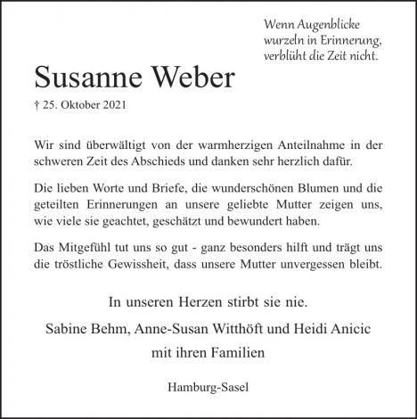Traueranzeige von Susanne Weber  von Hamburger Tageszeitungen und Anzeigenblättern der FUNKE Mediengruppe