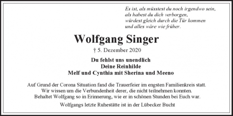 Traueranzeige von Wolfgang Singer  von Hamburger Tageszeitungen und Anzeigenblättern der FUNKE Mediengruppe