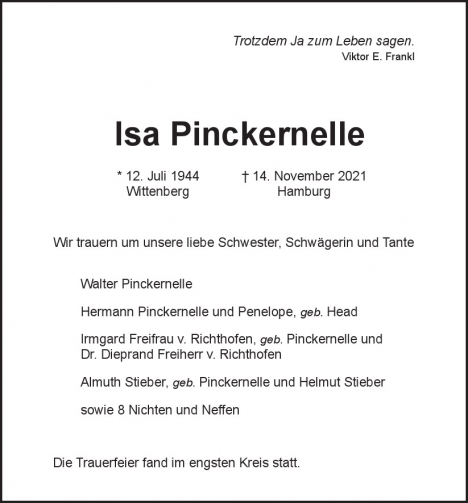 Traueranzeige von lsa Pinckernelle  von Hamburger Tageszeitungen und Anzeigenblättern der FUNKE Mediengruppe