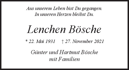 Traueranzeige von Lenchen  Bösche  von Hamburger Tageszeitungen und Anzeigenblättern der FUNKE Mediengruppe