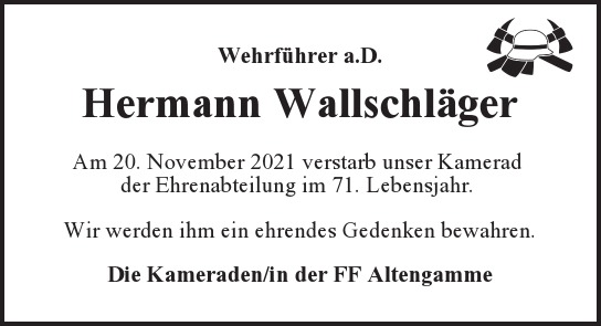 Traueranzeige von Hermann  Wallschläger  von Hamburger Tageszeitungen und Anzeigenblättern der FUNKE Mediengruppe