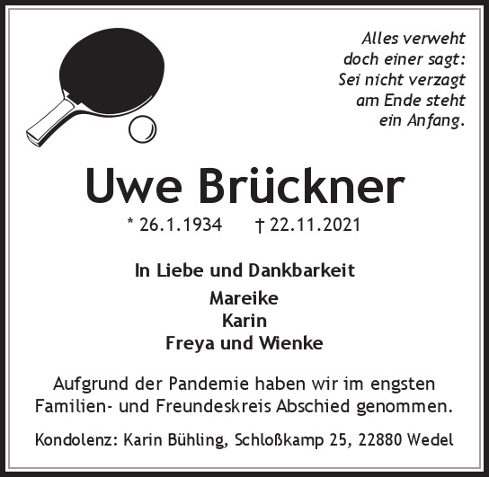 Traueranzeige von Uwe  Brückner  von Hamburger Tageszeitungen und Anzeigenblättern der FUNKE Mediengruppe