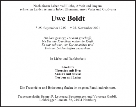 Traueranzeige von Uwe Boldt  von Hamburger Tageszeitungen und Anzeigenblättern der FUNKE Mediengruppe