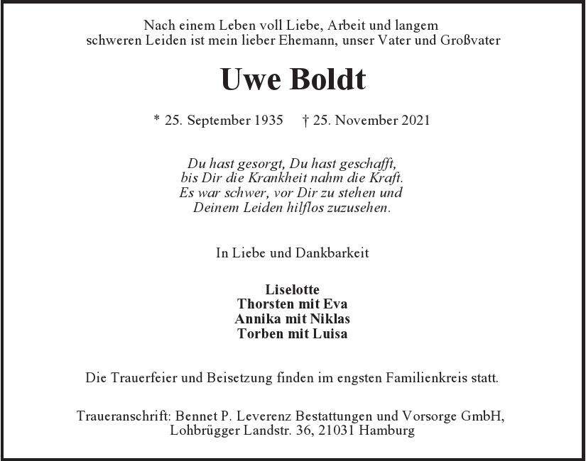  Traueranzeige für Uwe Boldt  vom 04.12.2021 aus Hamburger Tageszeitungen und Anzeigenblättern der FUNKE Mediengruppe