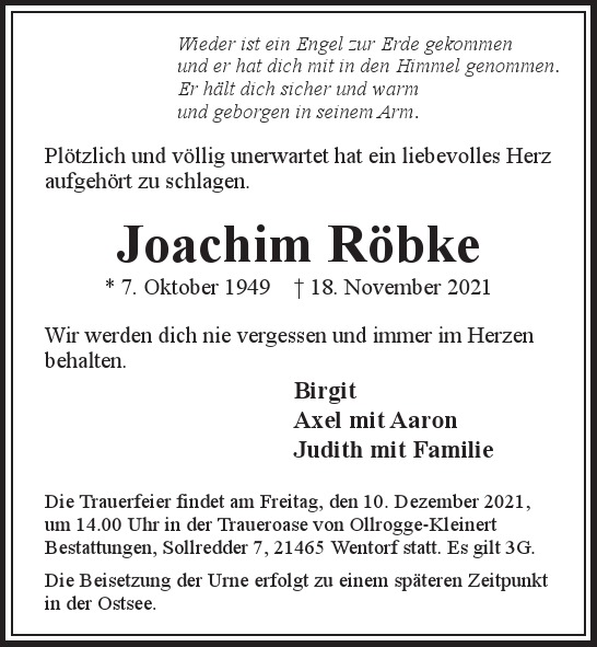 Traueranzeige von Joachim  Röbke  von Hamburger Tageszeitungen und Anzeigenblättern der FUNKE Mediengruppe